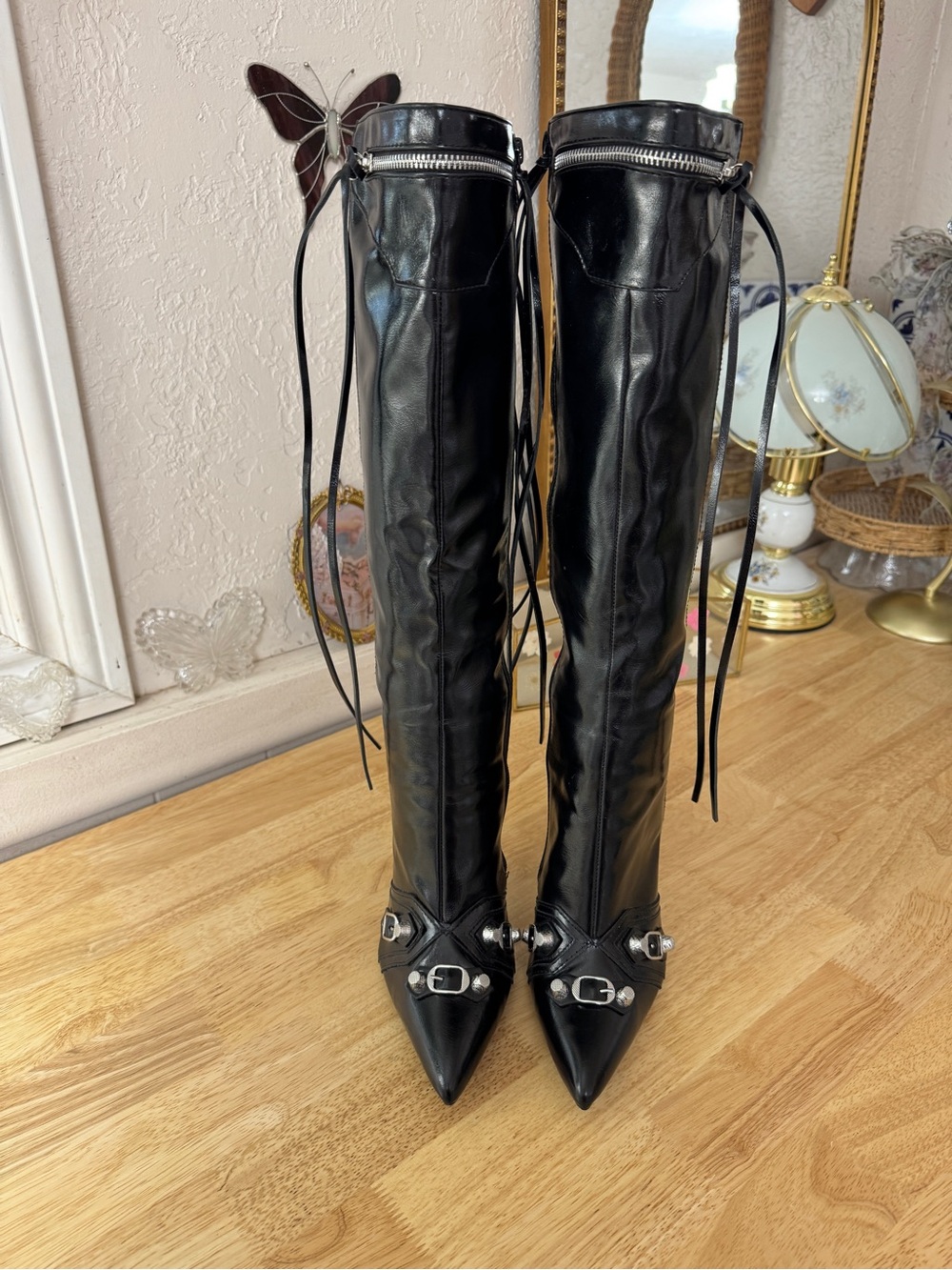 Fashion Nova Black Buckle Pointed Toe Stiletto Knee High Boots Size 6 Grunge